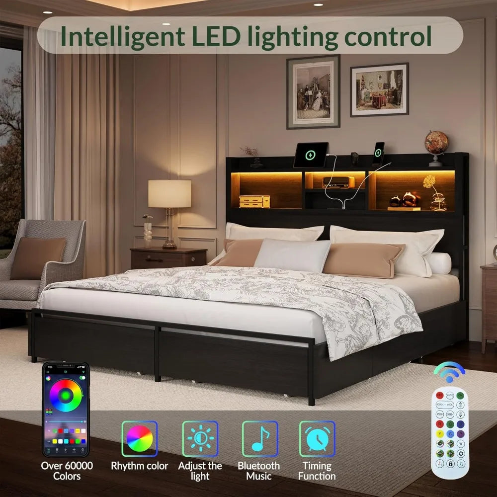 King size storage bed frame – 6 built-in drawers wooden headboard & led lights with charging station