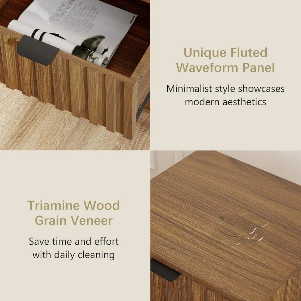 Contemporary fluted nightstand: natural wood with drawer and open shelf - united states / brown