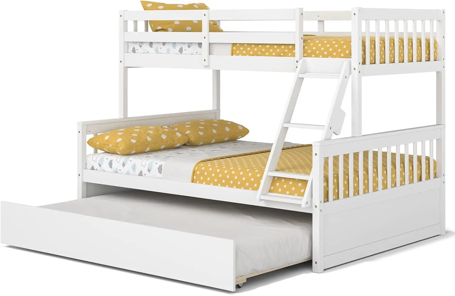Wood twin over full bunk bed with trundle frame solid pine space-saving ladder & safety - white / united states