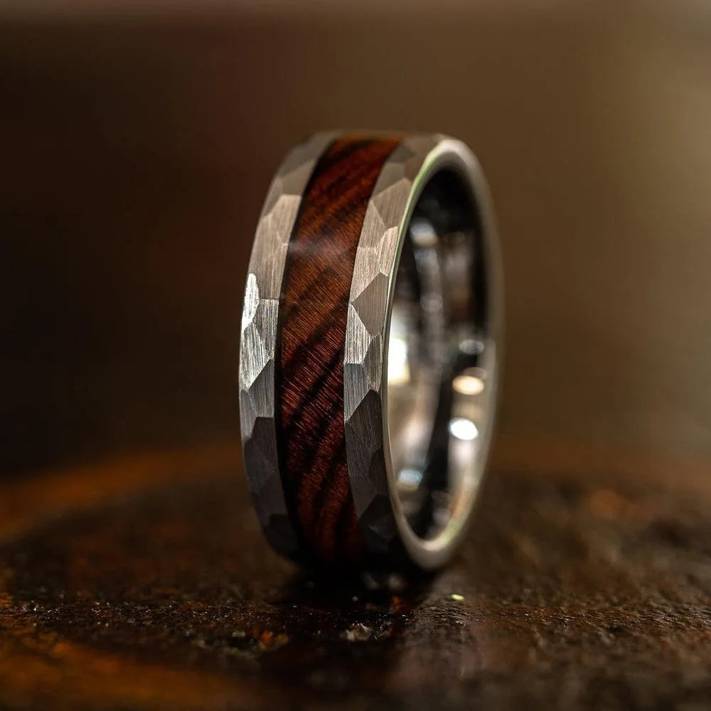 8mm men’s koa wood inlay stainless steel ring unique silver meteorite rings for gift luxury party wedding band jewelry