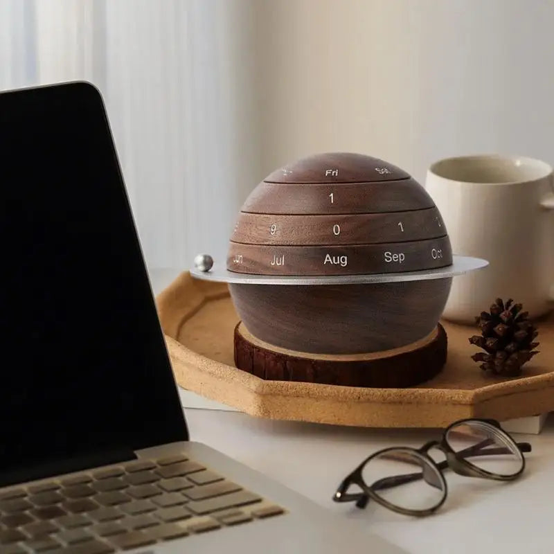 Creative earth wooden rotary daily calendar countdown desk perpetual ornaments for home office desktop - decorative