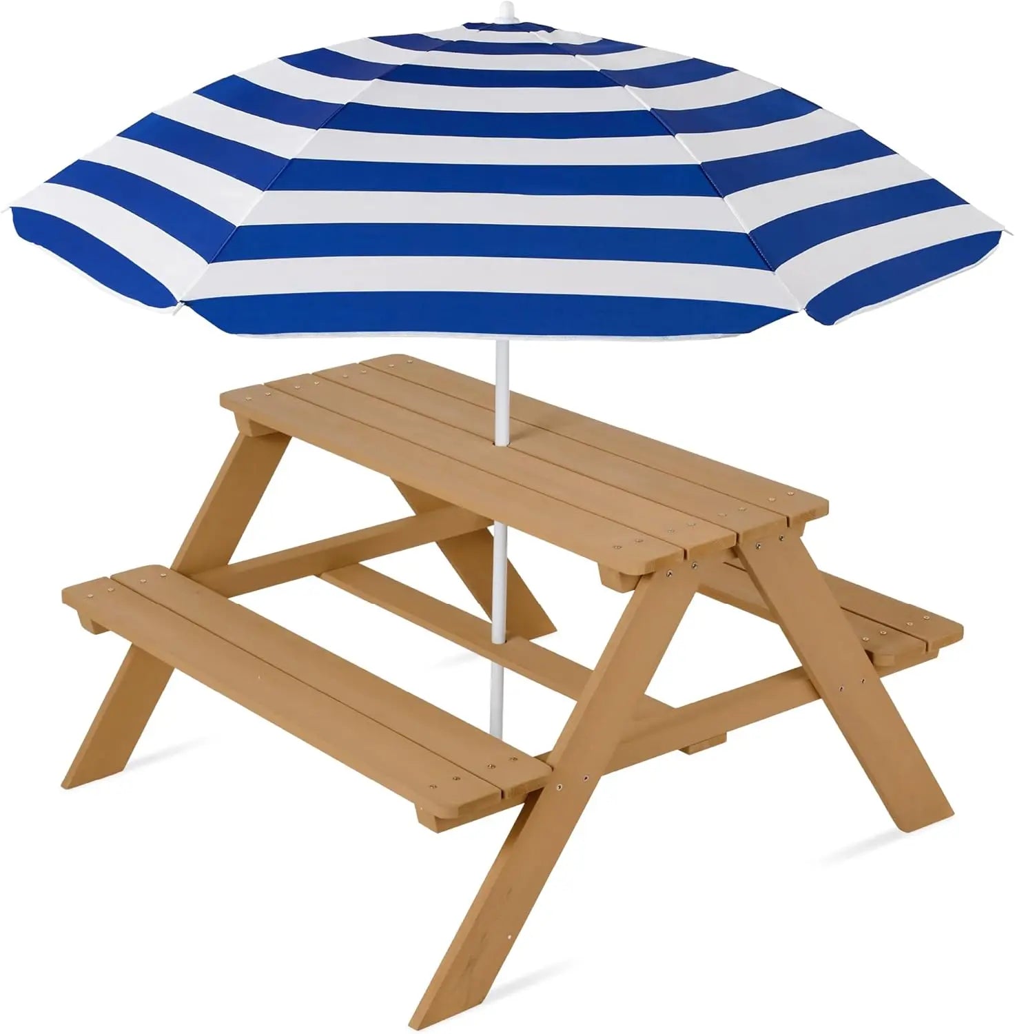 Kids wooden picnic table outdoor activity & dining w/adjustable collapsible umbrella built-in seats - golden brown/navy