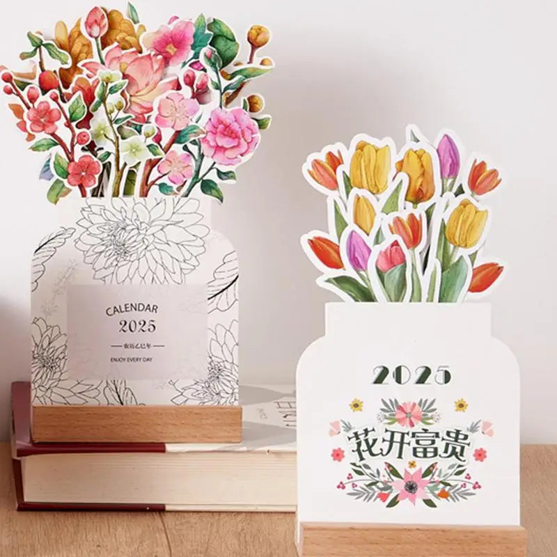 Bloomy flower desk calendar wooden frame creative mini decorative ornaments notebook supplies 2025