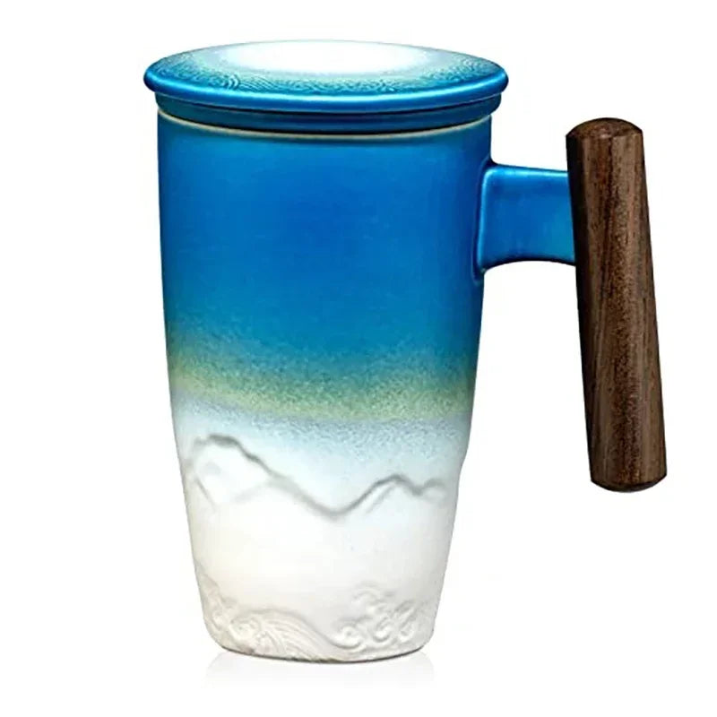 Ceramic tea cup vintage luxury thermal mug with infuser lid coffee mugs beer drinkware wooden handle 400ml personalized
