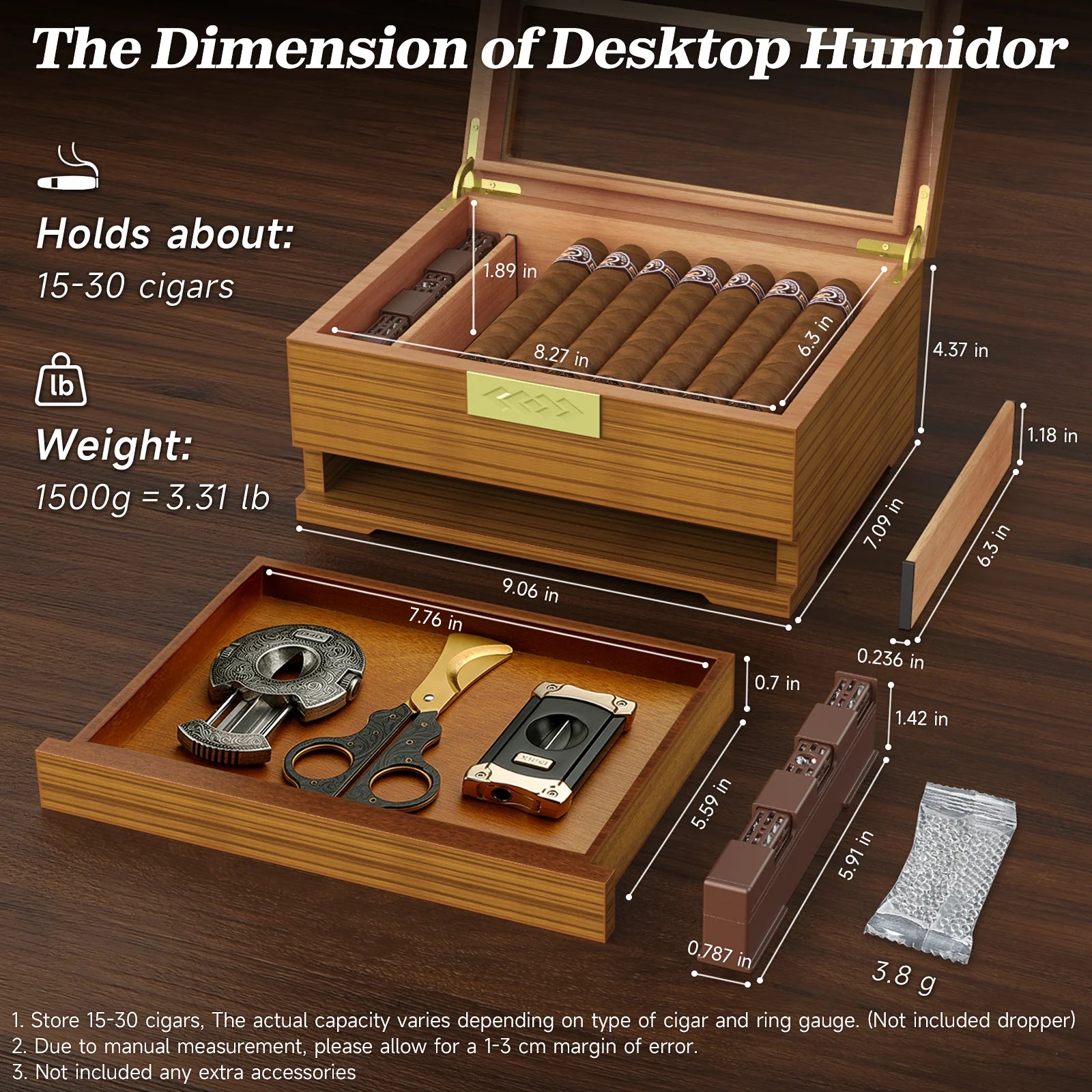 Cigar box humidor with hygrometer and humidifier cedar wooden case drawer divider length gauge desktop gift