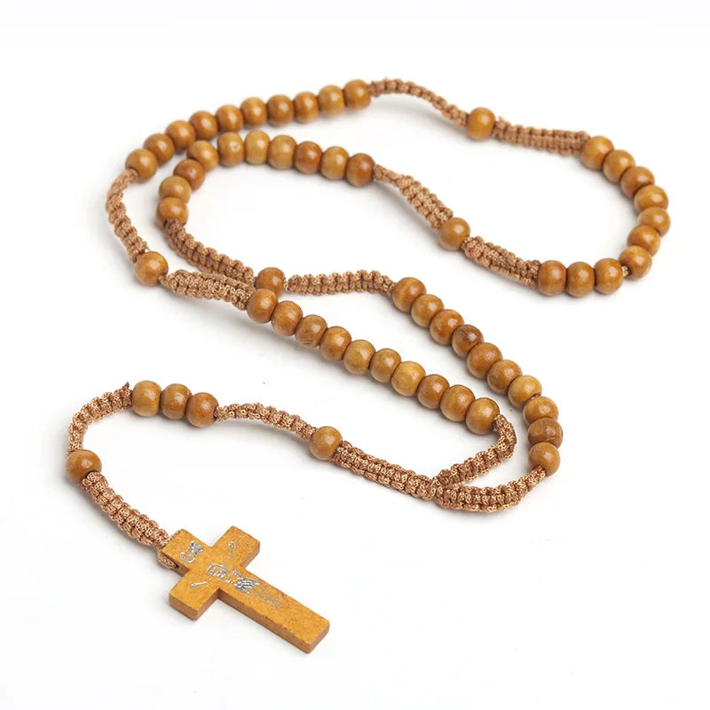 Yupsk catholic wood beads rosary necklace for women cross pendant hand braided rope chain men religious prayer jewelry