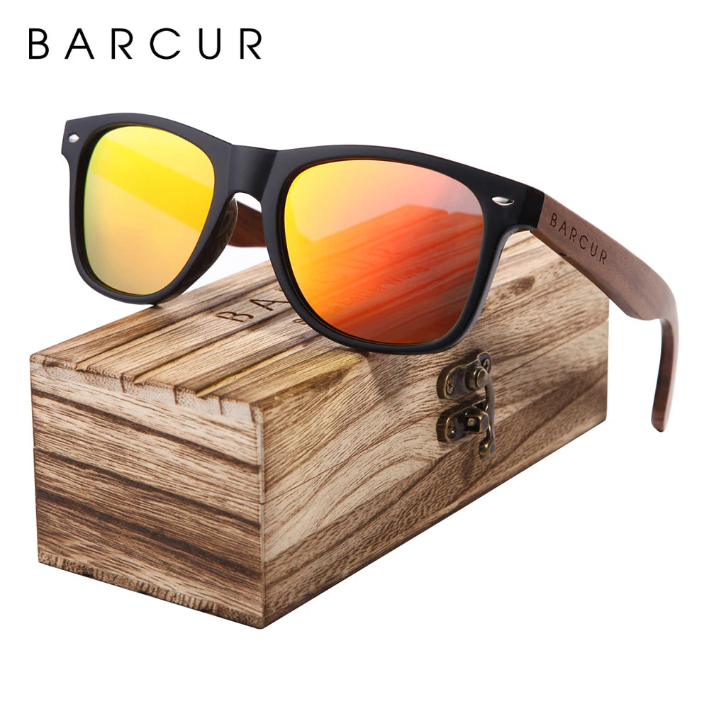 Barcur high quality black walnut sunglasses anti-reflecti men women mirror sun glasses male uv400 wooden sunglass