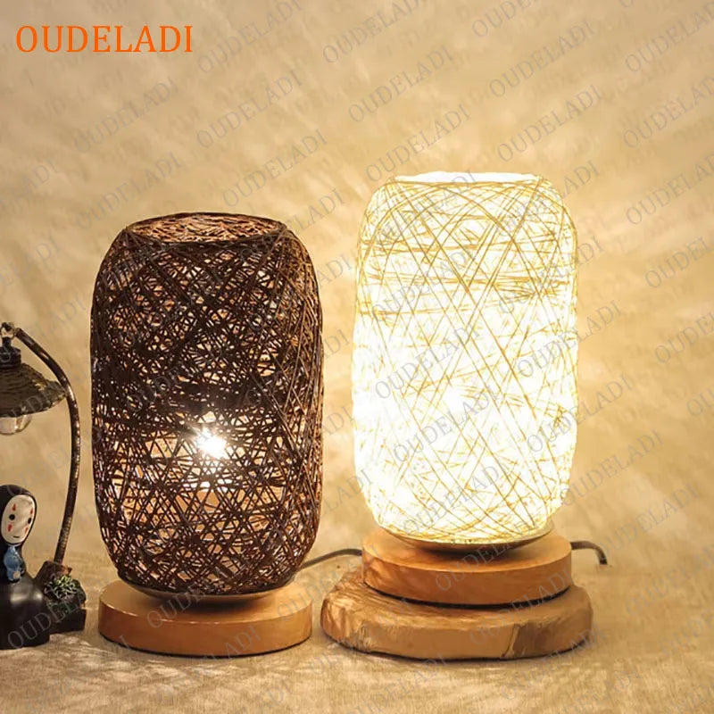 Oudeladi wooden base rattan twine table lamp home decor living room bedroom bedside desk night light usb and eu plug