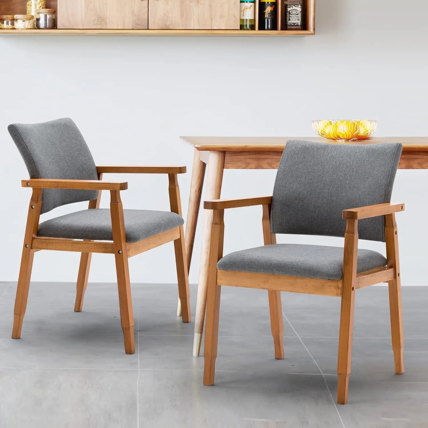 Set of 4 mid-century modern dining chairs – walnut wood frame & grey fabric seats - of 2 / united states