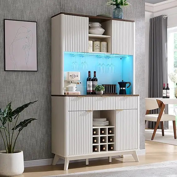 72’’ tall wine bar cabinet with storage hutch modern wood fluted coffee led lights and 10 tier shelf & - united states
