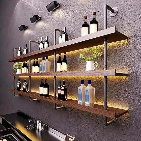 Large 3-tier wall-mounted solid wood wine rack with led lighting for liquor bottle display and storage - united states
