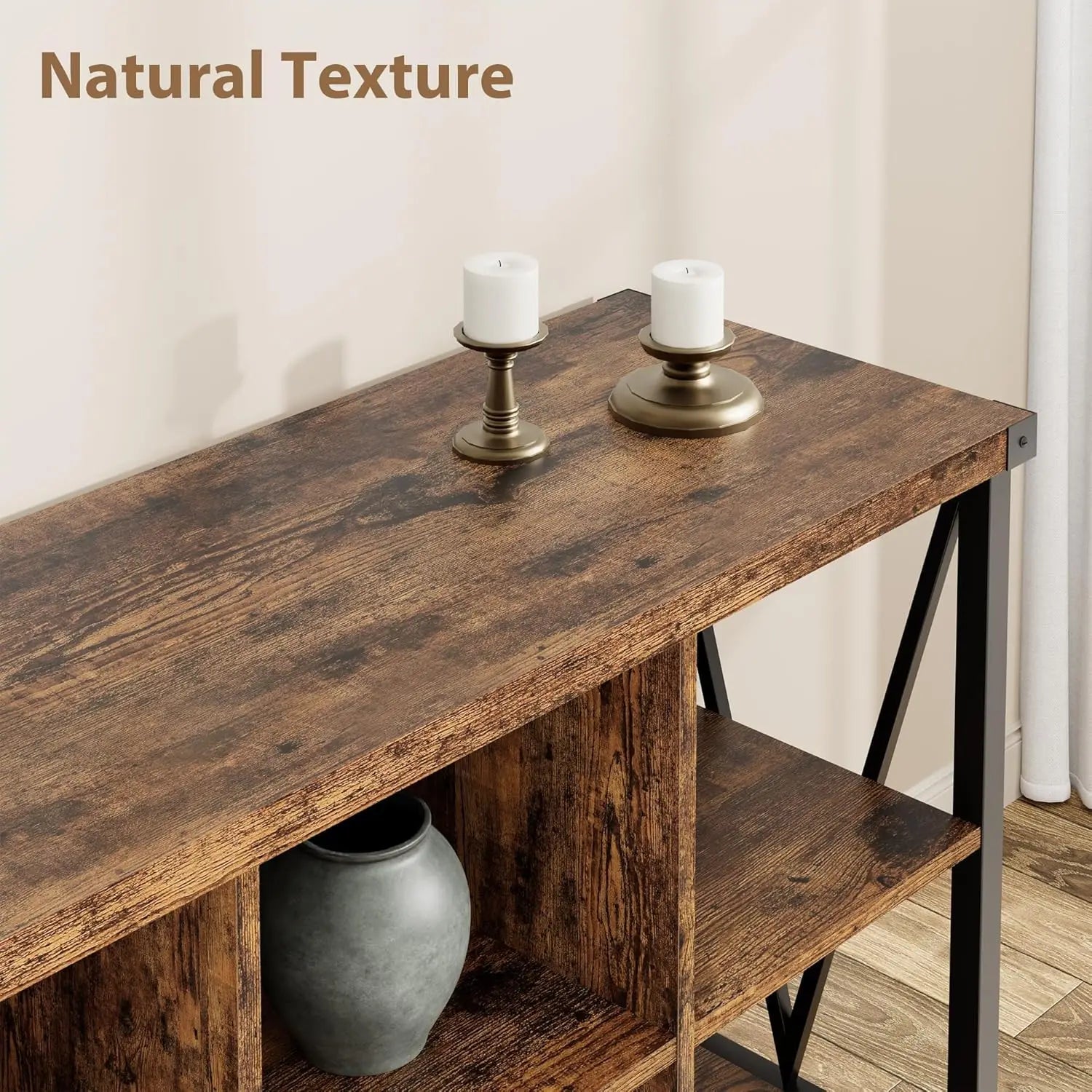 Farmhouse 8 cube storage organizer bookshelf rustic wood cubby bookcase industrial horizontal long shelf for living