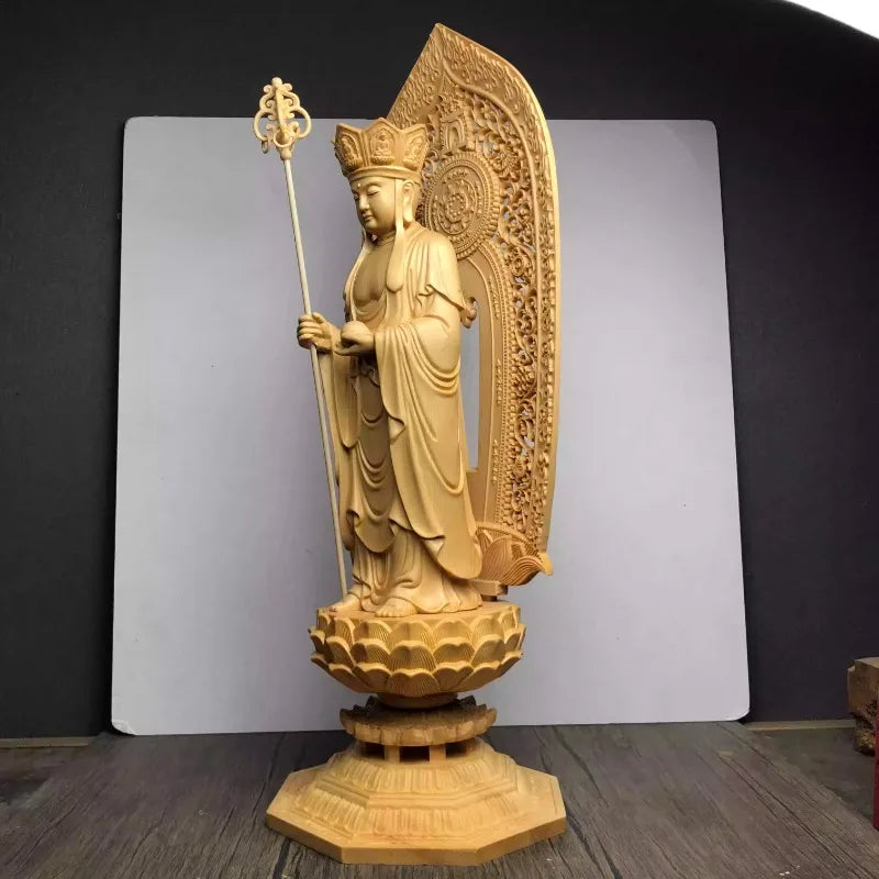 Jizo bodhisattva wood carving statue pili crown acala deity feng shui decor collectible buddhist sculpture - religious