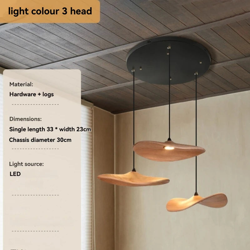 Solid wood walnut color leaf multi-head combination chandelier living room main lamp restaurant wabi-sabi retro style