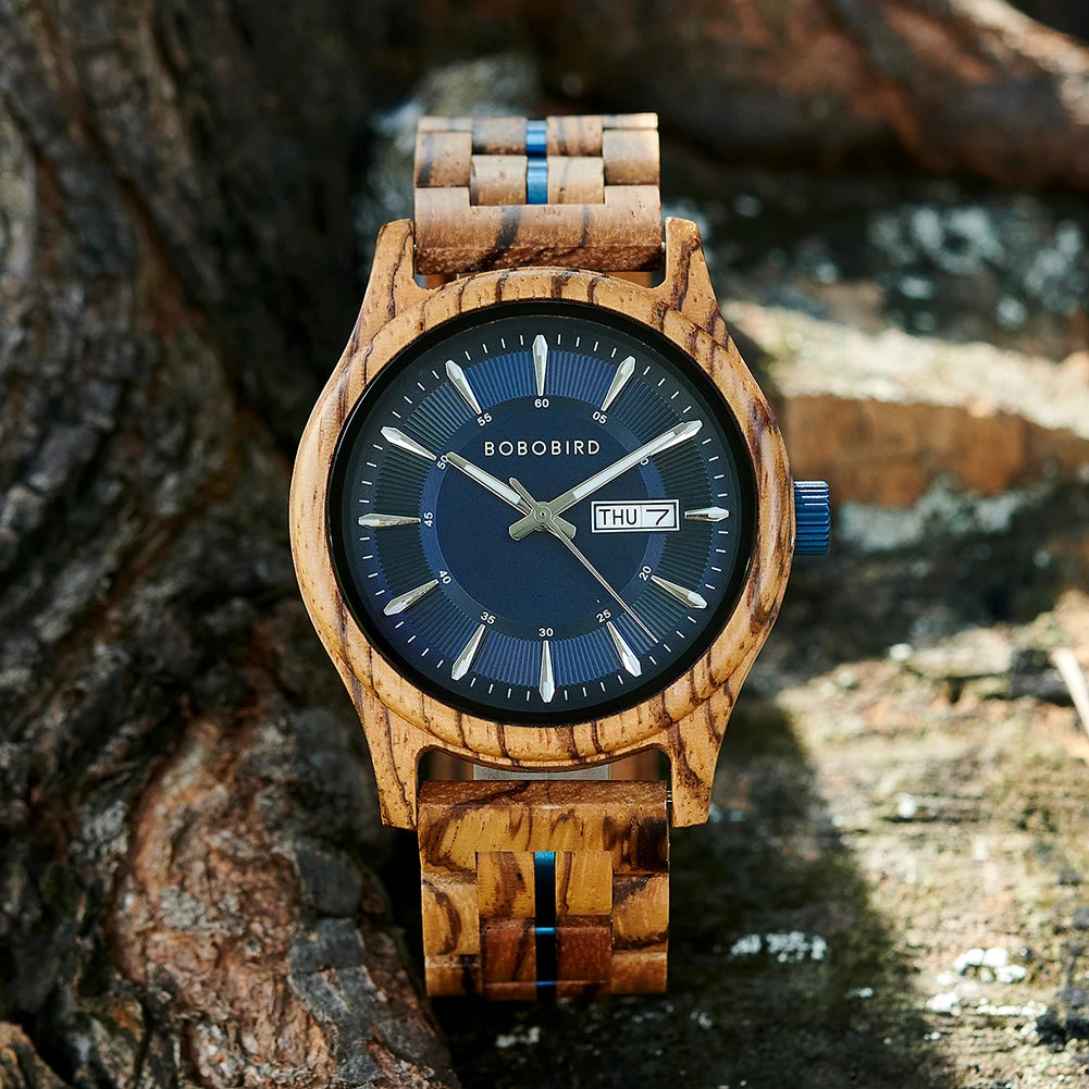 Bobo bird men’s wooden watch with blue dial – natural handmade wood wristwatch date display anniversary gift in box
