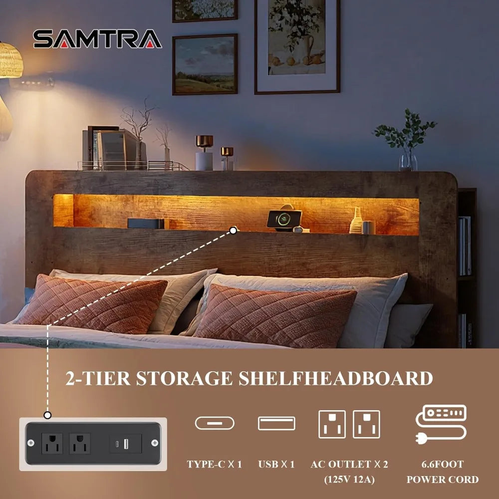 King size farmhouse style platform bed frame with storage headboard bookcase shelf and led lights - rustic brown