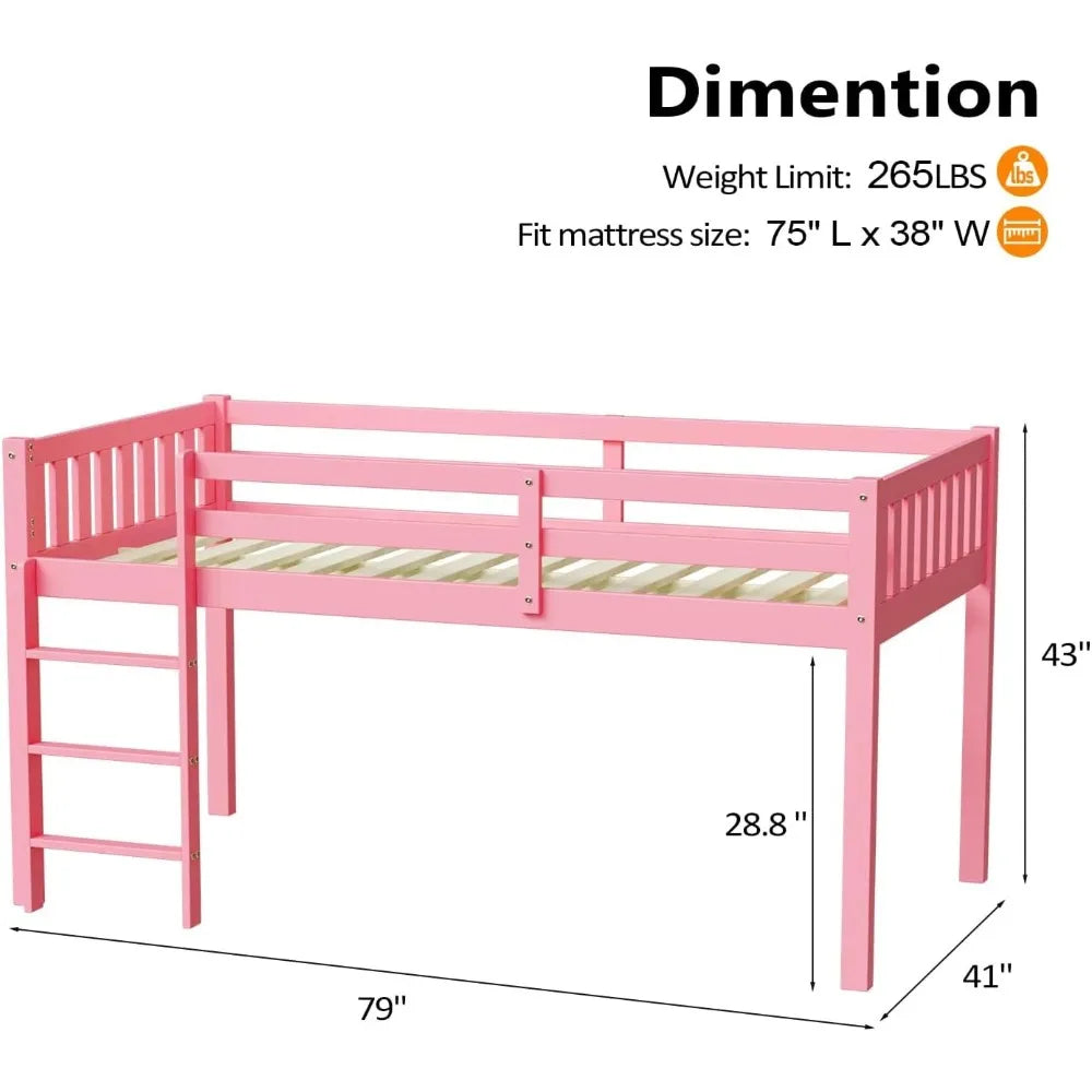 Metal loft bed pine wood twin frame space-saving design no box spring needed - united states