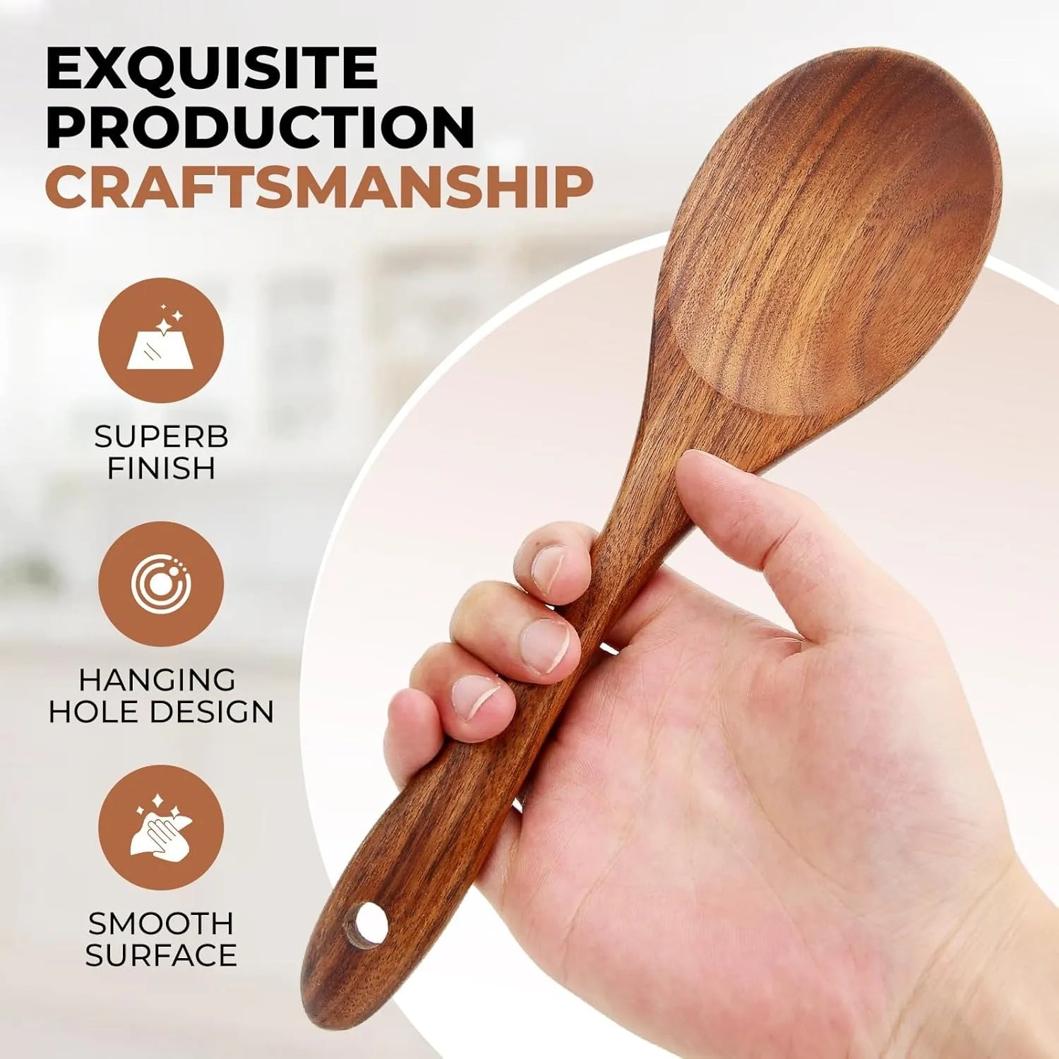Wooden kitchen utensils set smooth finished spoons for cooking natural teak nonstick pans - dark khaki / united states