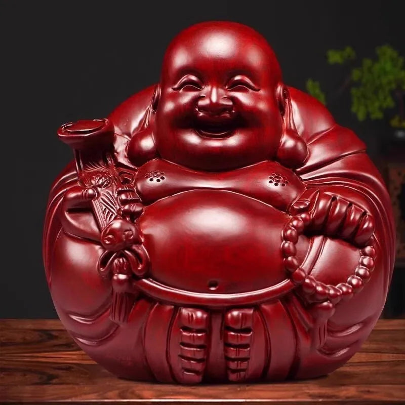 Handcrafted black sandalwood laughing buddha statue - happy maitreya figurine feng shui gift for good luck & harmony