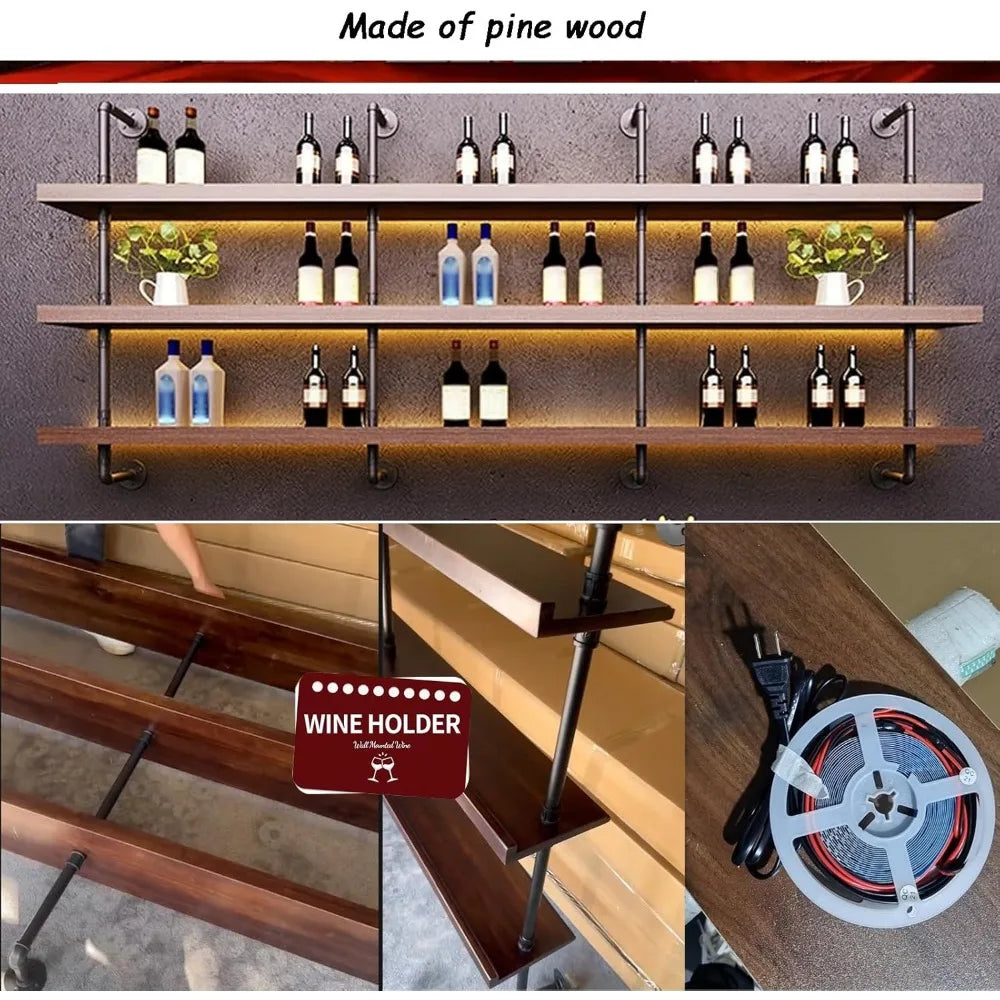 Solid wood wine rack wall mounted bar shelves for liquor bottles with led light 3 tier large capacity mo - united