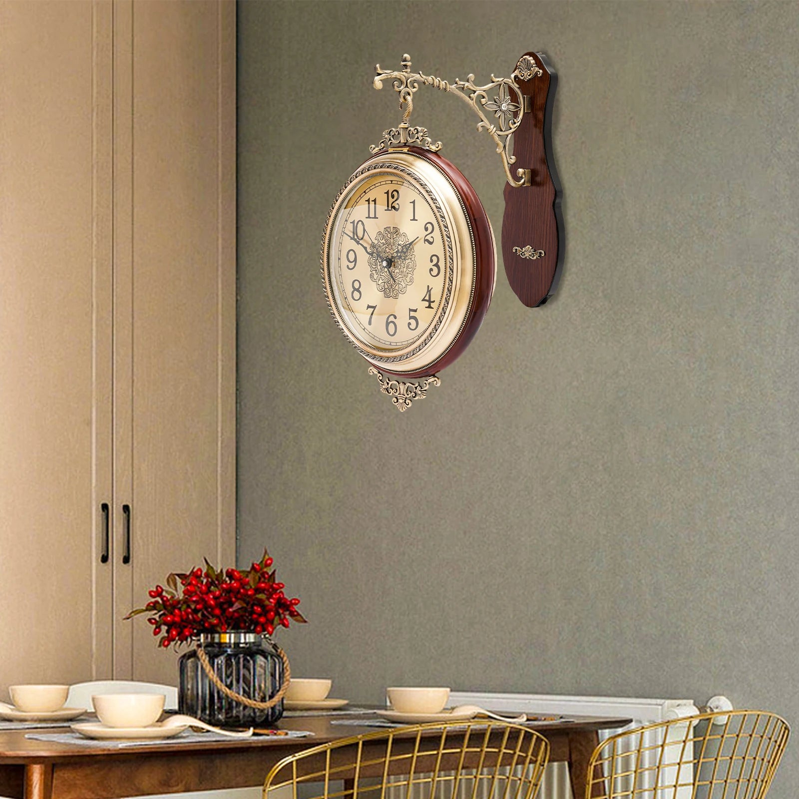 Vintage round wall clock double sided silent movement wood alloy glass brown golden indoor mounted requires assembly