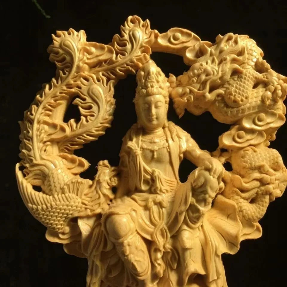 Chinese guanyin woodcarving dragon and phoenix statue solid wood carving home decor buddha - 22x21x4.5cm - religious