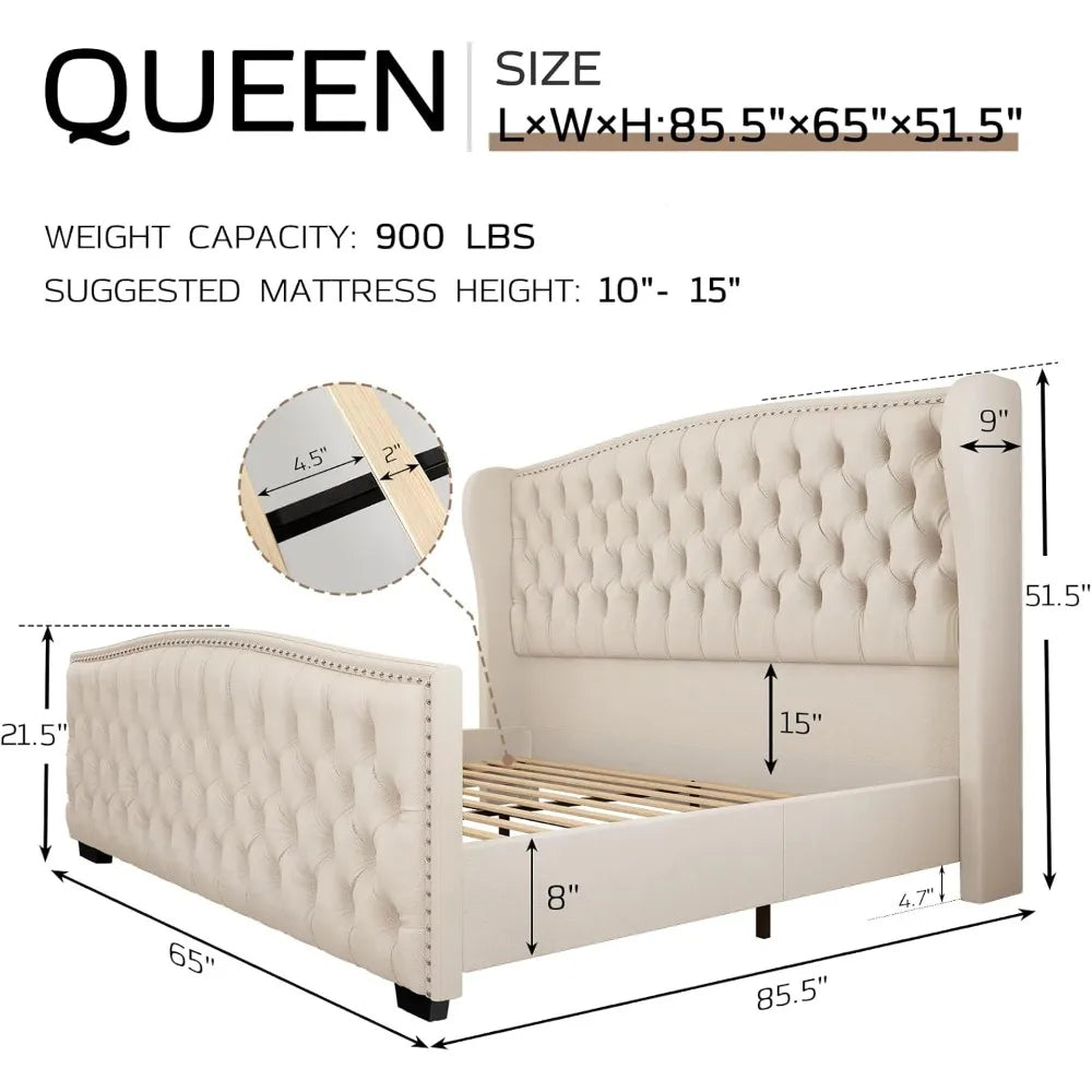 Queen platform bed frame with wingback headboard velvet upholstered handmade button tufted & nailhead wooden sl