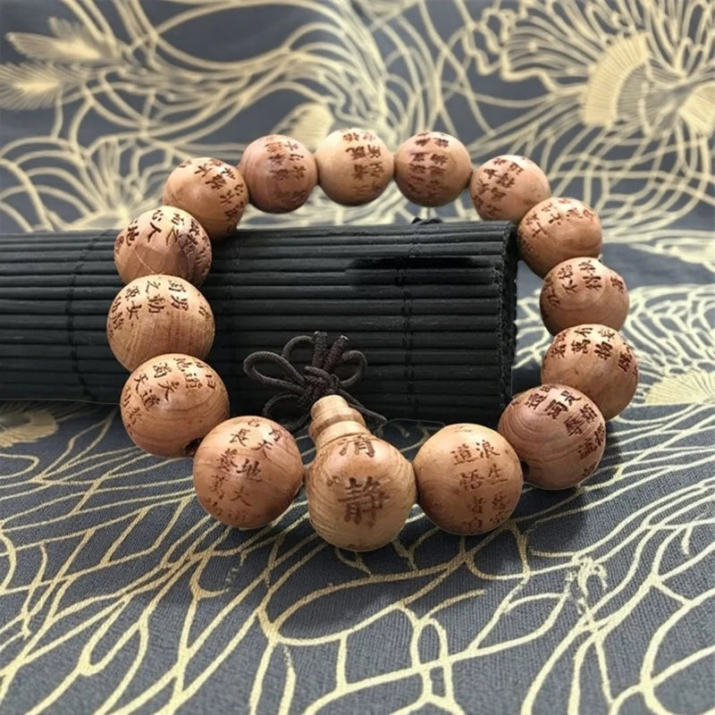 Carved peaceful buddhist prayer beads bracelet sandalwood sculpture taoist wristwear faionable wooden jewelry - 15 mm