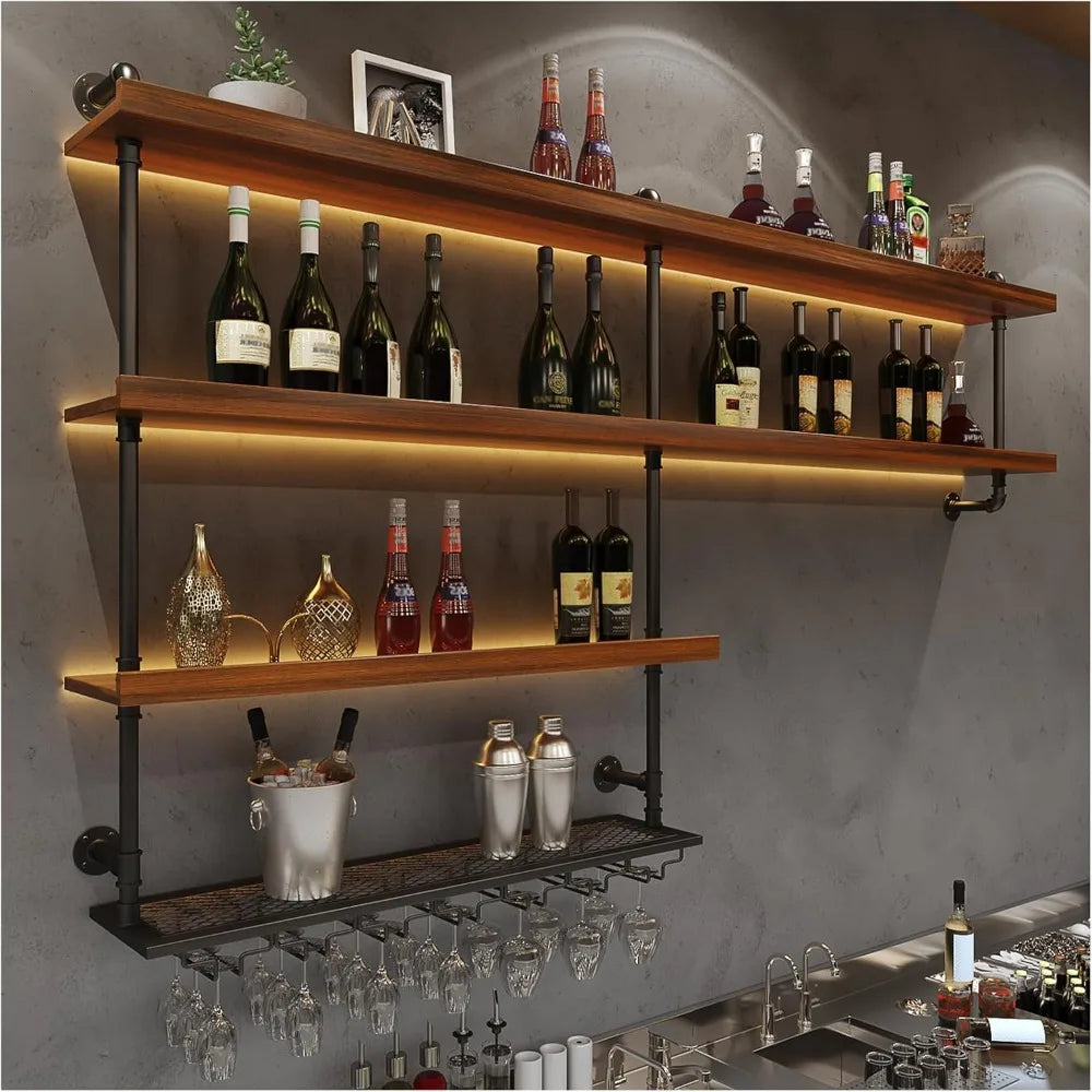 Solid wood wall mounted wine rack large with led light 4 tiers liquor bottles floating shelves glass holder in - united