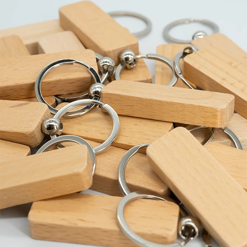 40 pcs diy blank wooden keychain slender rectangle key ring - rectangle - chain