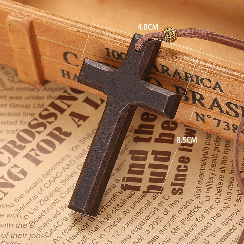 Unique wooden cross pendant necklace men black brown 80cm long collar adjustable prayer amulet jewelry homme daily neck