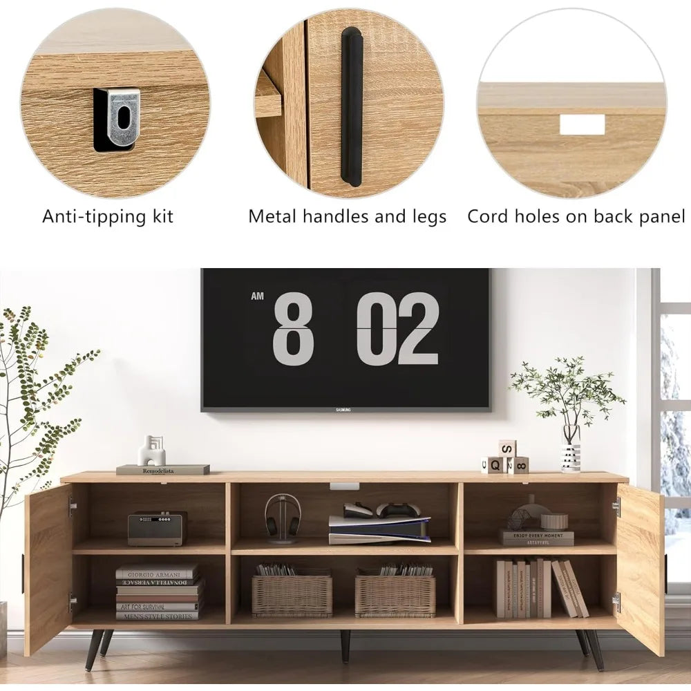 Mid century modern tv stand - 70’’ for 75’’ wood with storage entertainment center living room & bedroom - oak 70 inch