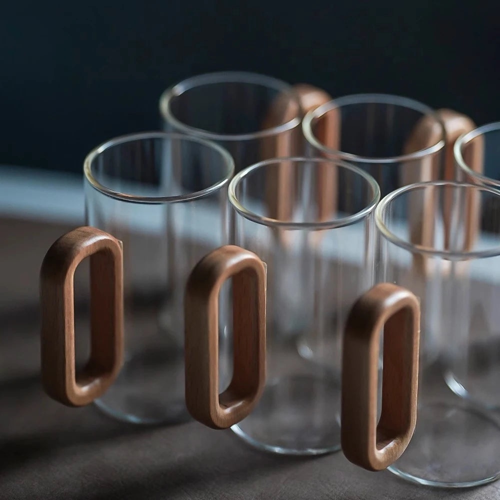 2/4/6pcs glass mug with wooden handle heat-resistant teacup set transparent breakfast milk juice cup home party