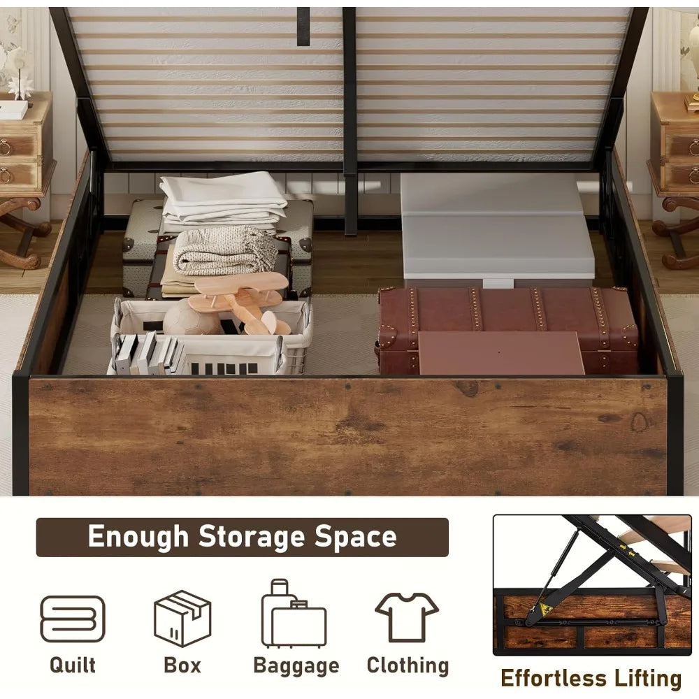 Queen size lift up storage platform bed frame metal with wooden slats support no box spring needed large sp