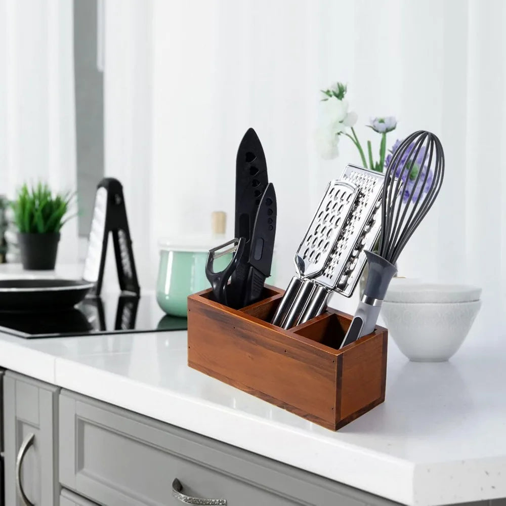 Wooden pencil holder 3 compartment wood desk organizers and accessories rustic remote control caddy office suppl