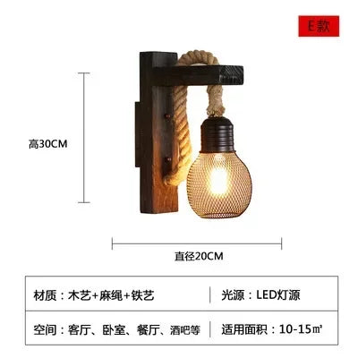 Retro personality wall lamp decoration antique wood art bed home garden restaurant twine - model d / st64 4w