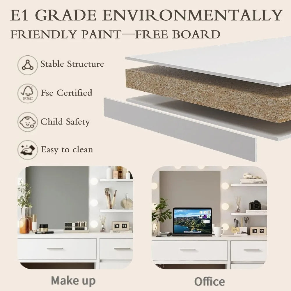 31.5’’ makeup vanity desk with mirror and lights 3 lighting modes set stool dressing table adjustable shelves - united