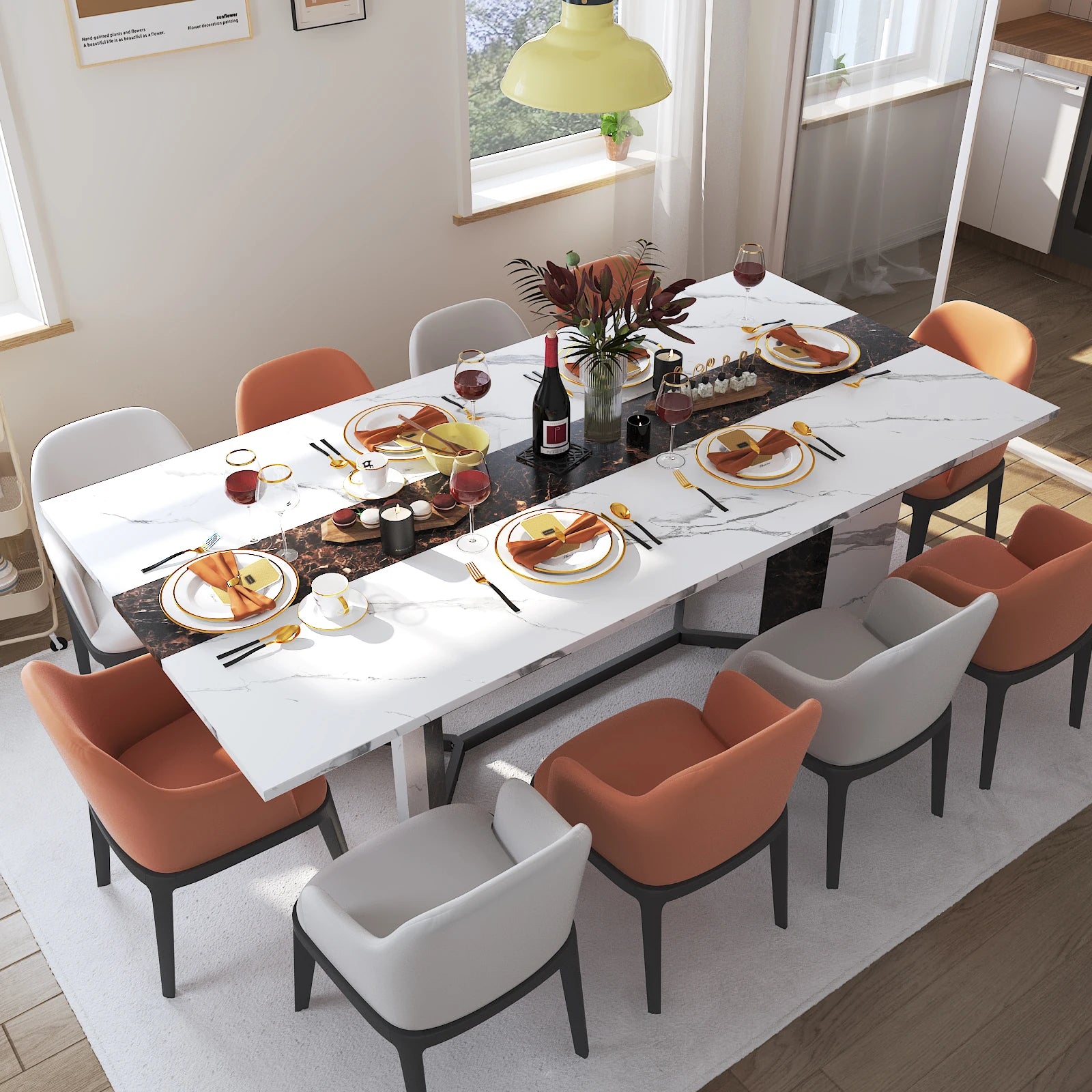 71in large rectangular white dining table for 4 5 6 8 10 people family dinner w/marble color wood tabletop metal leg