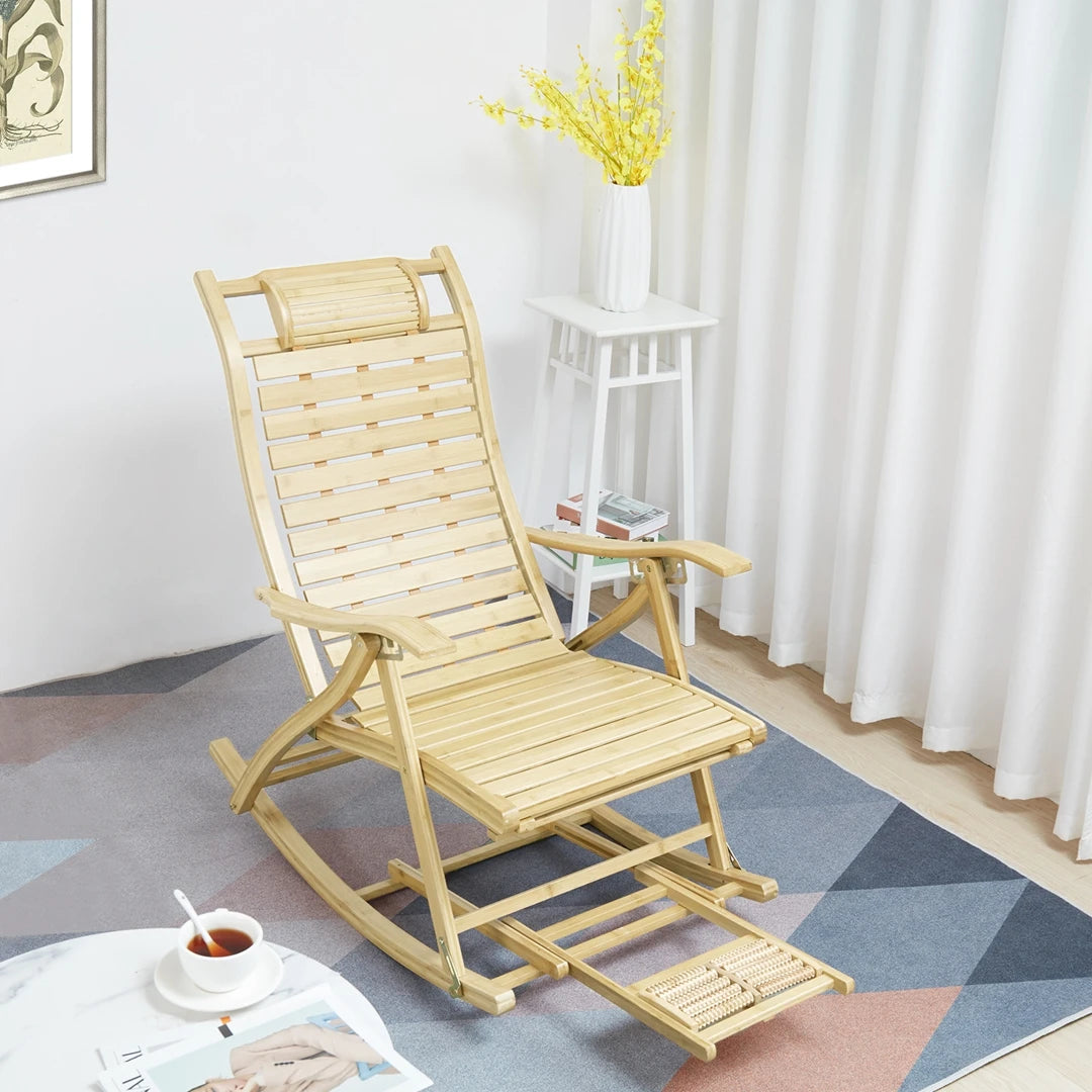 Bamboo folding rocking recliner chair | foot massage & backrest | outdoor beach camping balcony sun lounger
