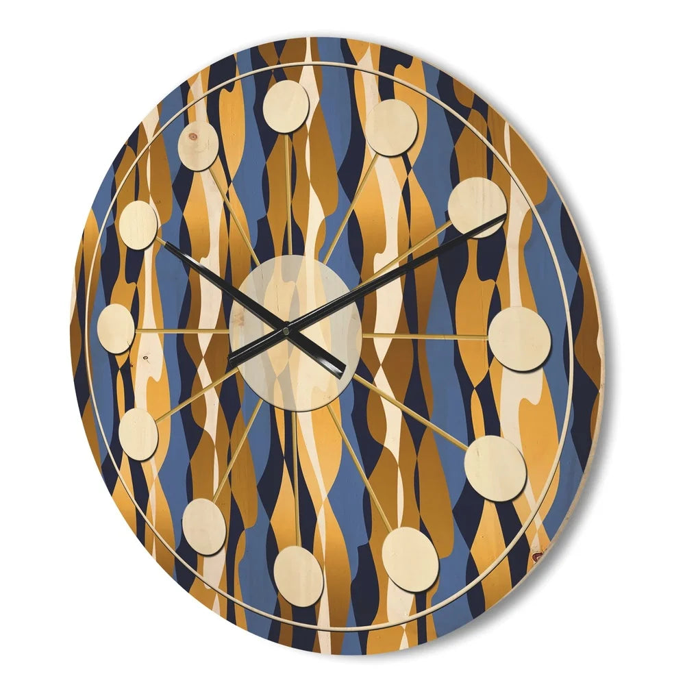 Mid-century modern wood wall clock retro blue gold art decor ready to hang unique design 100% natural pine easy install