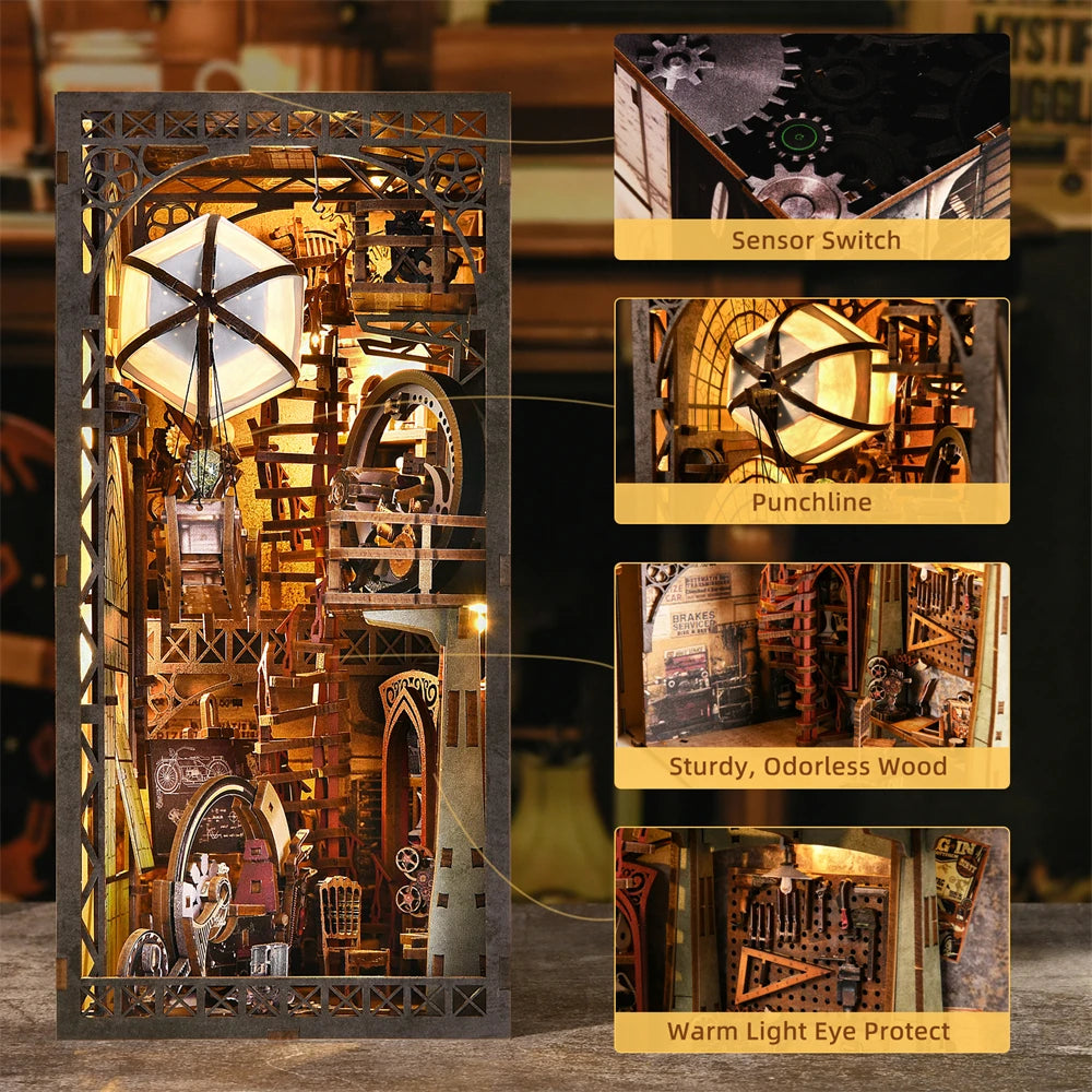 Book nook kit airship model 3d wooden puzzle diy home decoration for bookshelf miniature insert magic house stand