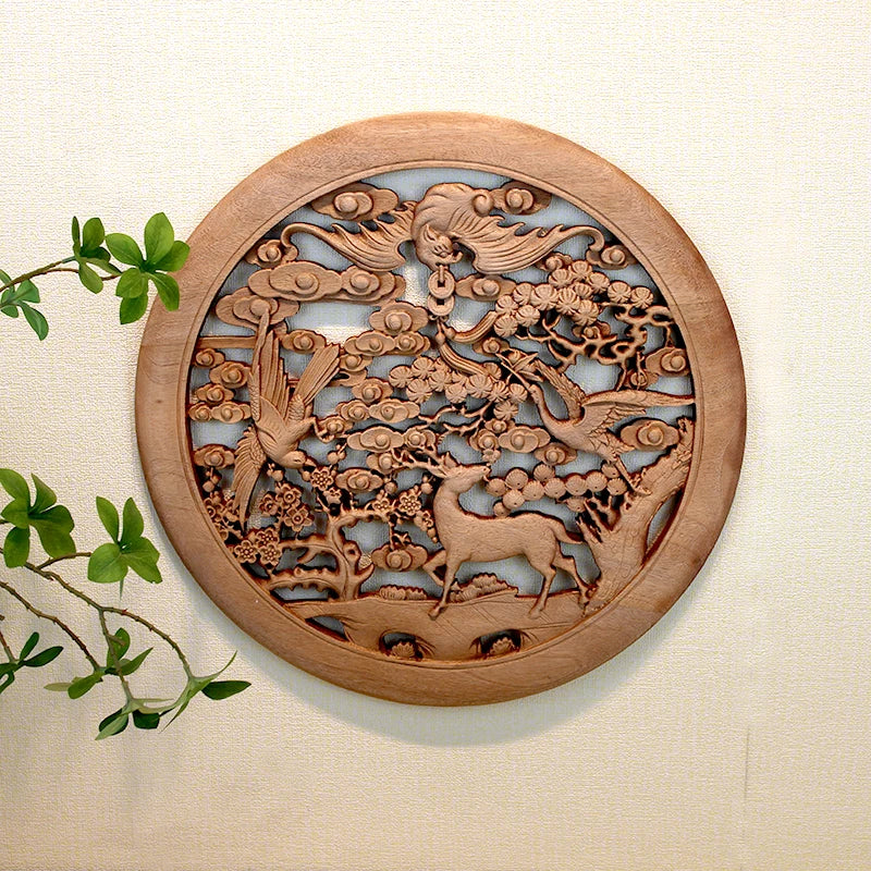 Chinese style wooden wall art camphor wood carving round floral bird decor for living room & bedroom decoration