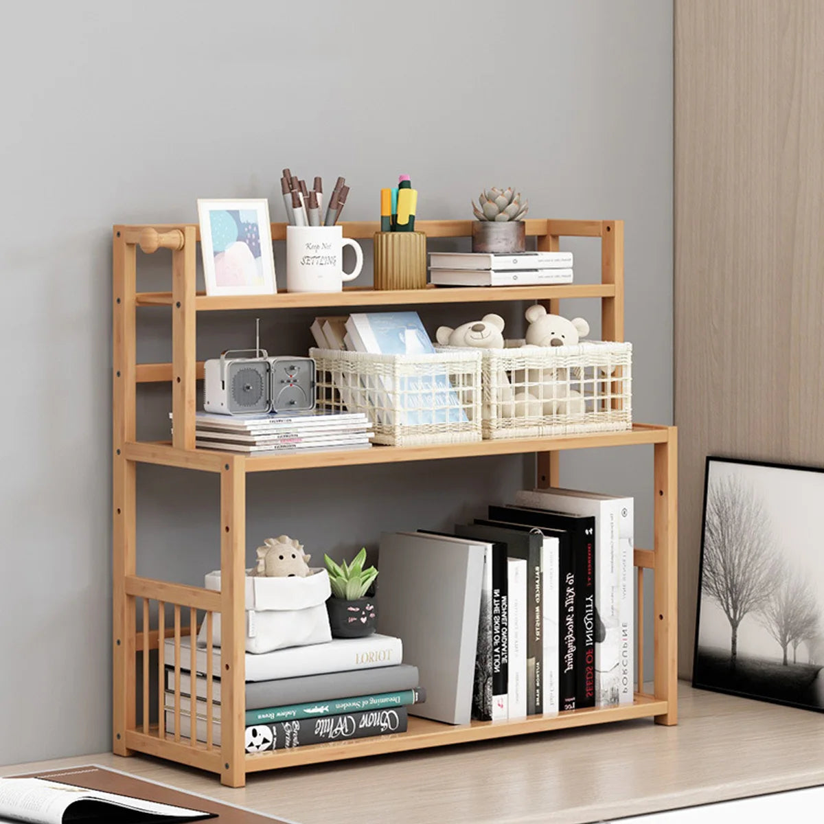 3-layer display shelf wooden desktop storage rack simple tabletop stand organizer for home decorative office bedroom