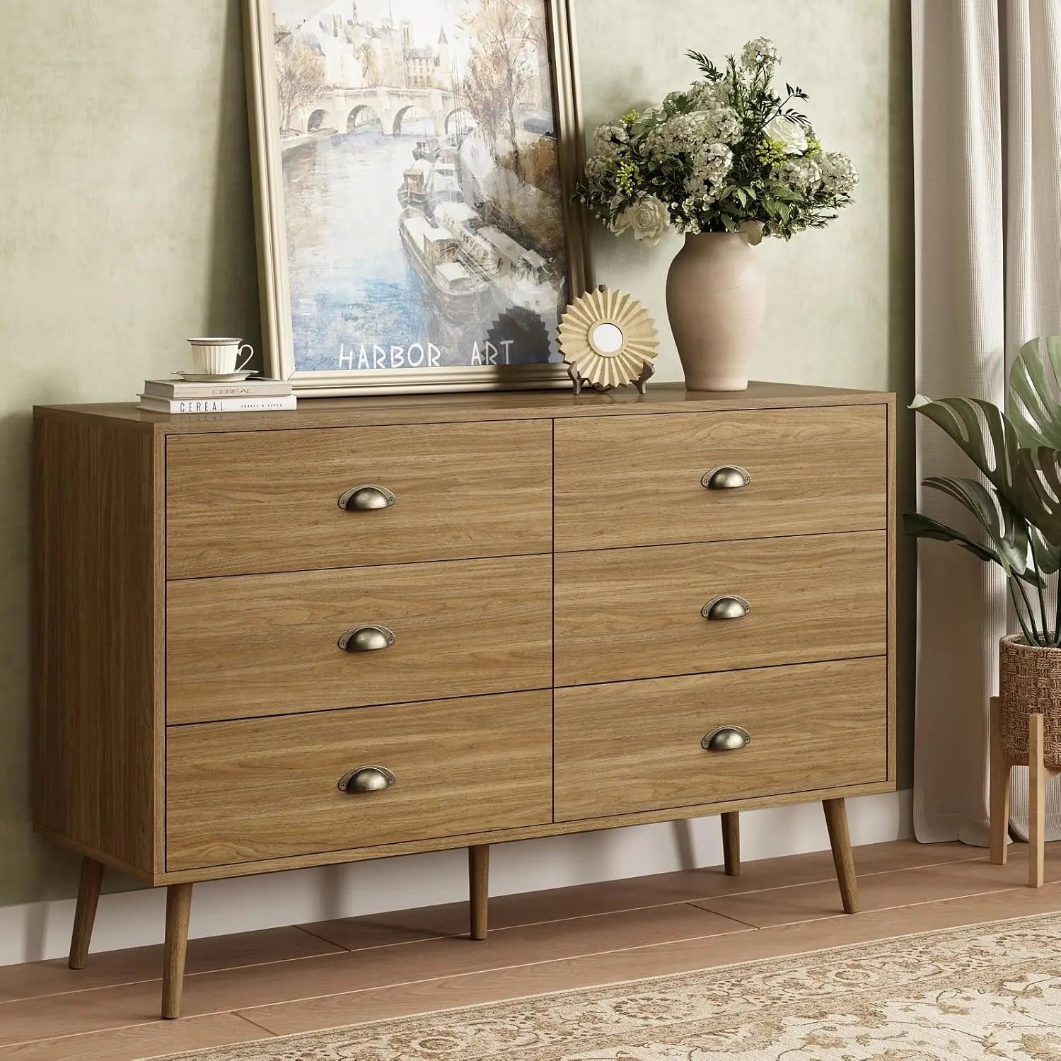 Walnut brown dresser for bedroom 6 drawer with wide drawers and metal knob wood dressers & chest of hallway entryway.