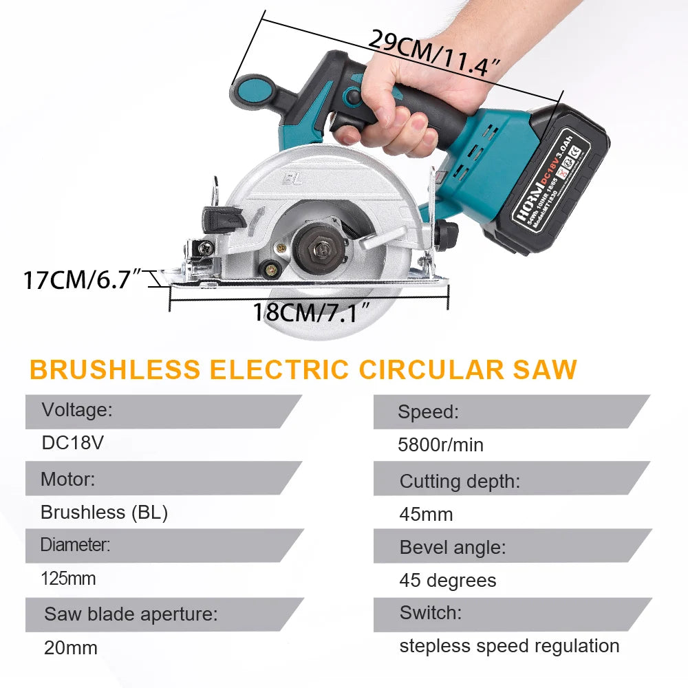 125mm brushless mini electric circular saw cordless - 45 degree adjustable gardening woodworking cutting diy power