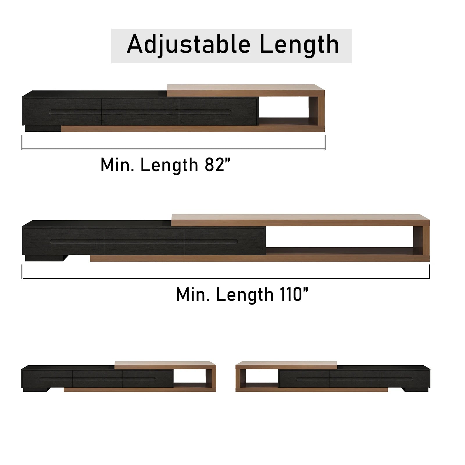 82-110’’ extendable tv stand for up to 120’’tv wood reversible media console w/3 drawers & open storage shelf living