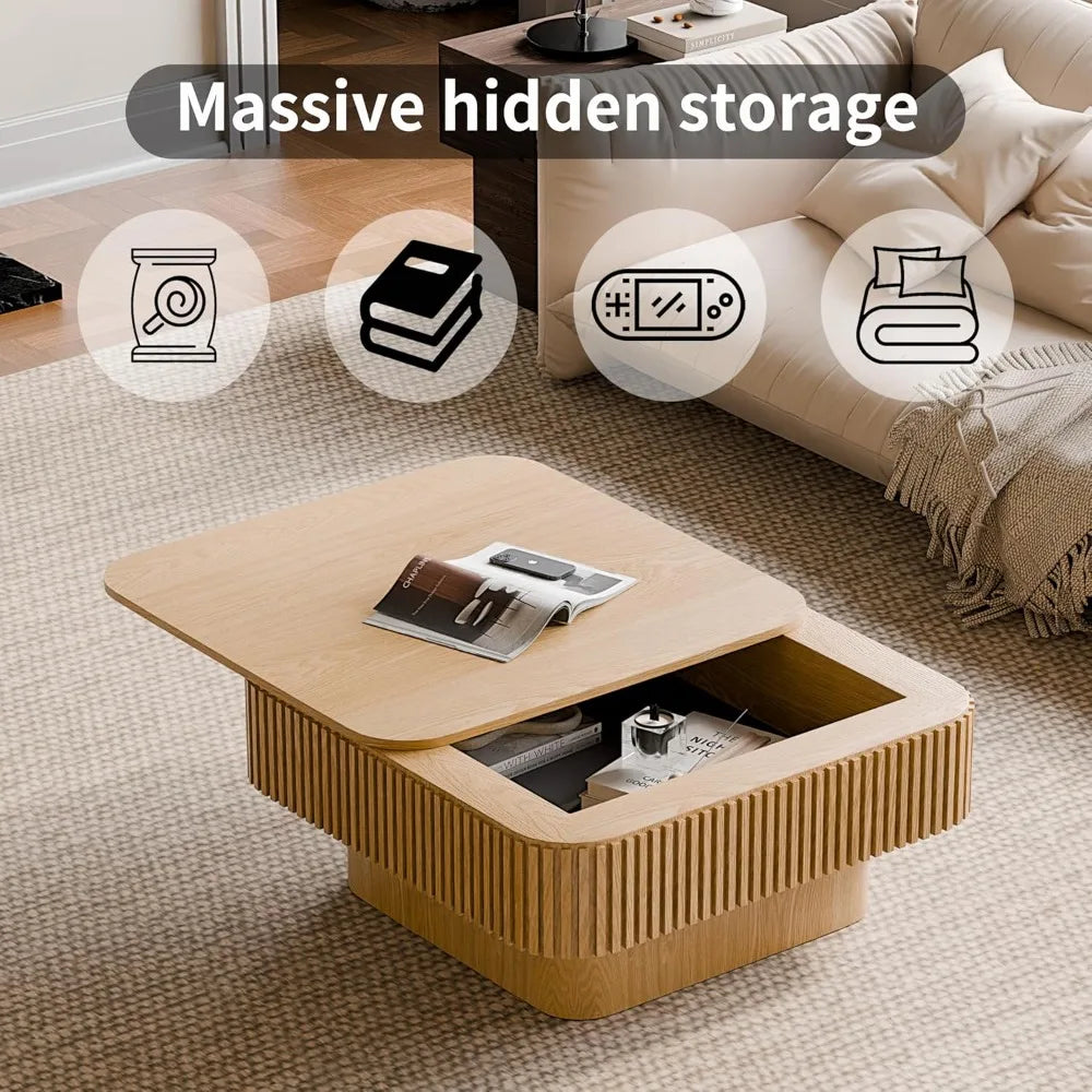 31.5’’ square coffee table with hidden storage,solid wood modern accent tea for living room bedroom,apartment
