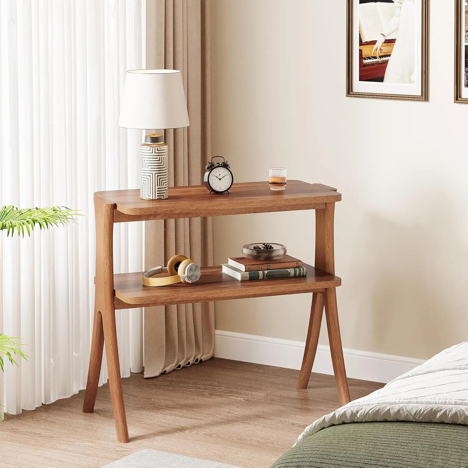 Side table for living room farmhouse end with 2-tier storage shelf and solid wood legs nightstand bedroom - united