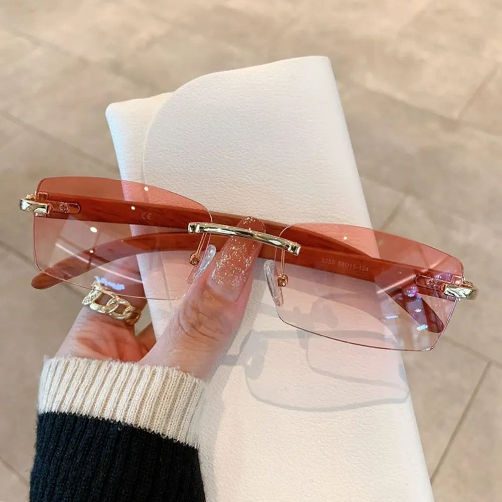 Rimless sunglasses men women wooden pattern luxury brand retro square sun glasses fashion shades uv400 travel outdoor