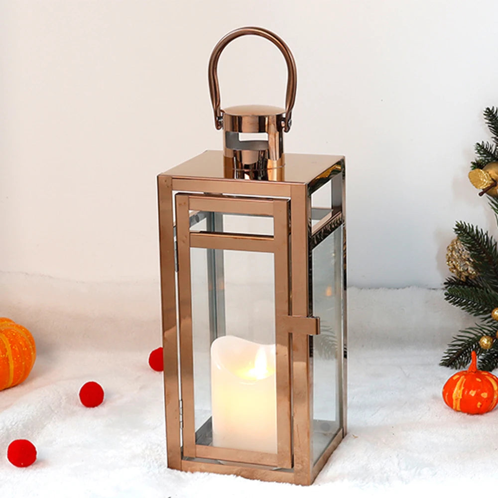 Stainless steel candle holder lanterns rose gold hanging lantern candlestick light for indoor outdoor weddings party